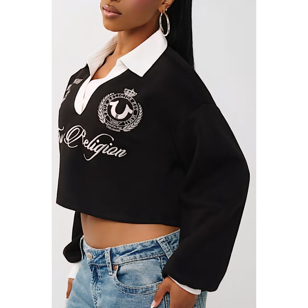 True Religion Embroidered Shrunken Polo Pullover, Black, Retail 134 USD - Picture 4 of 13